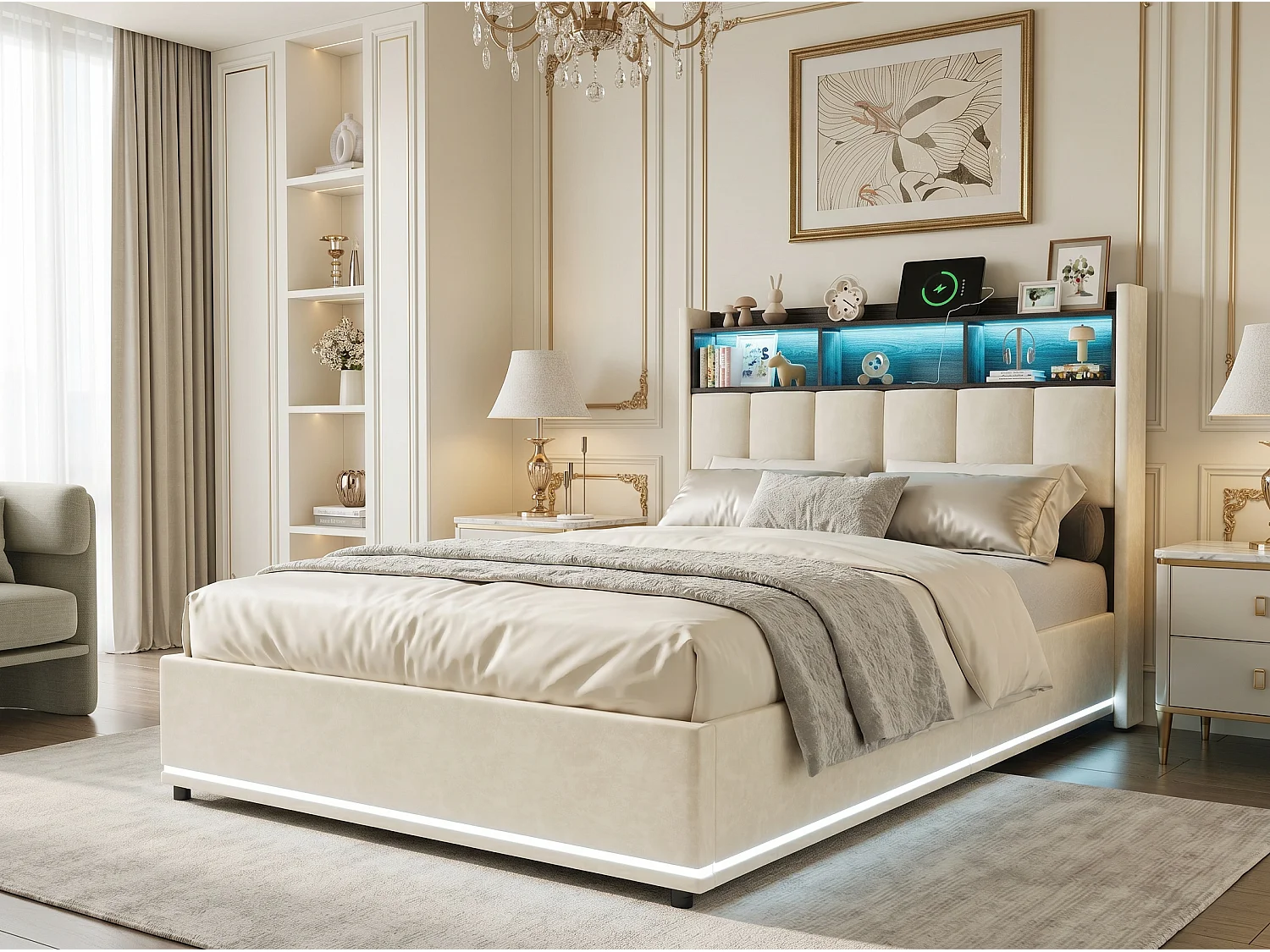 Lit coffre 140 x 190 cm - Lit double adulte avec sommier à lattes, rangements, LED et ports USB/Type-C - tissu velours blanc