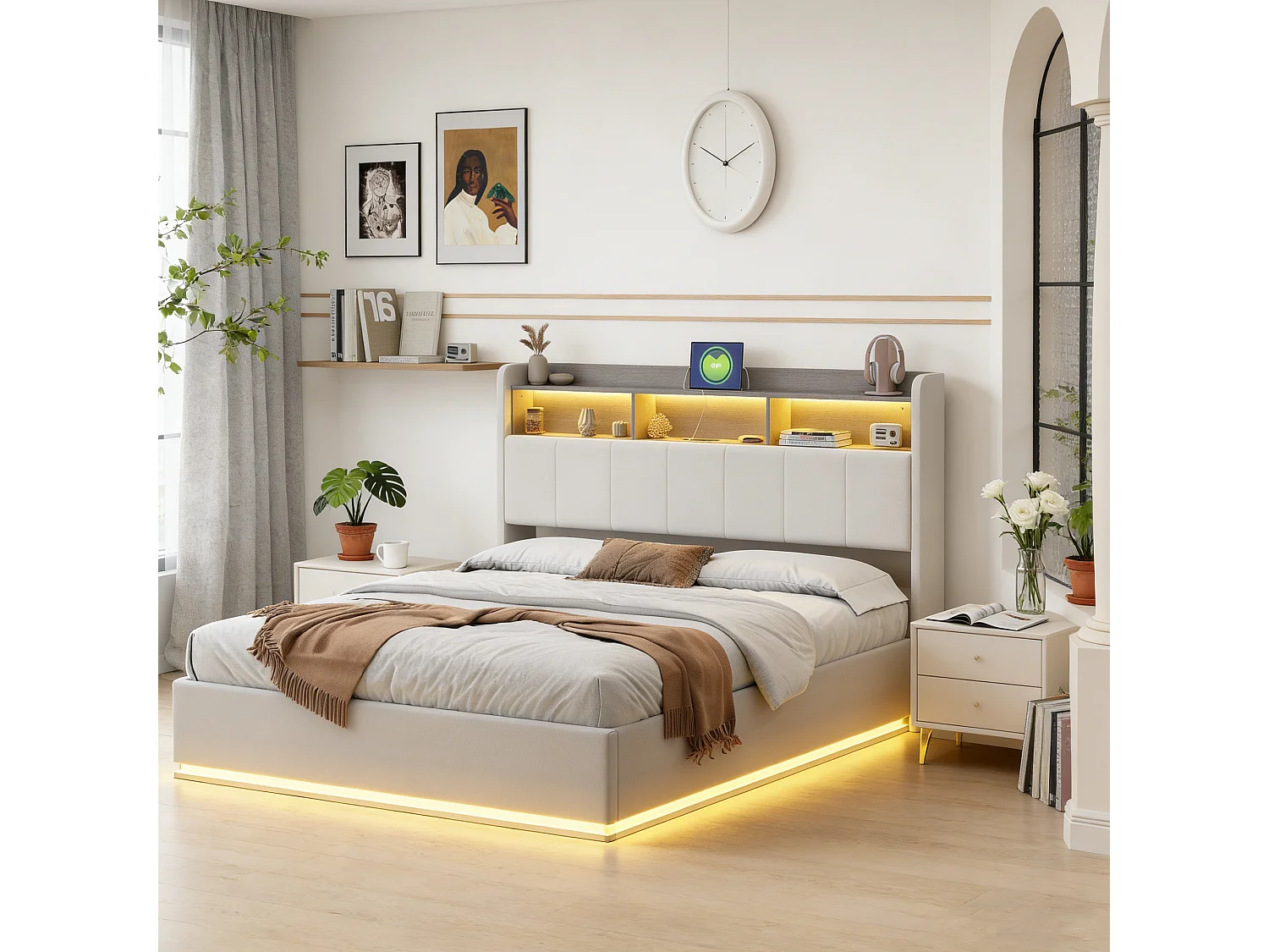 Lit coffre 140 x 190 cm - Lit double adulte avec sommier à lattes, rangements, LED et ports USB/Type-C - tissu velours blanc