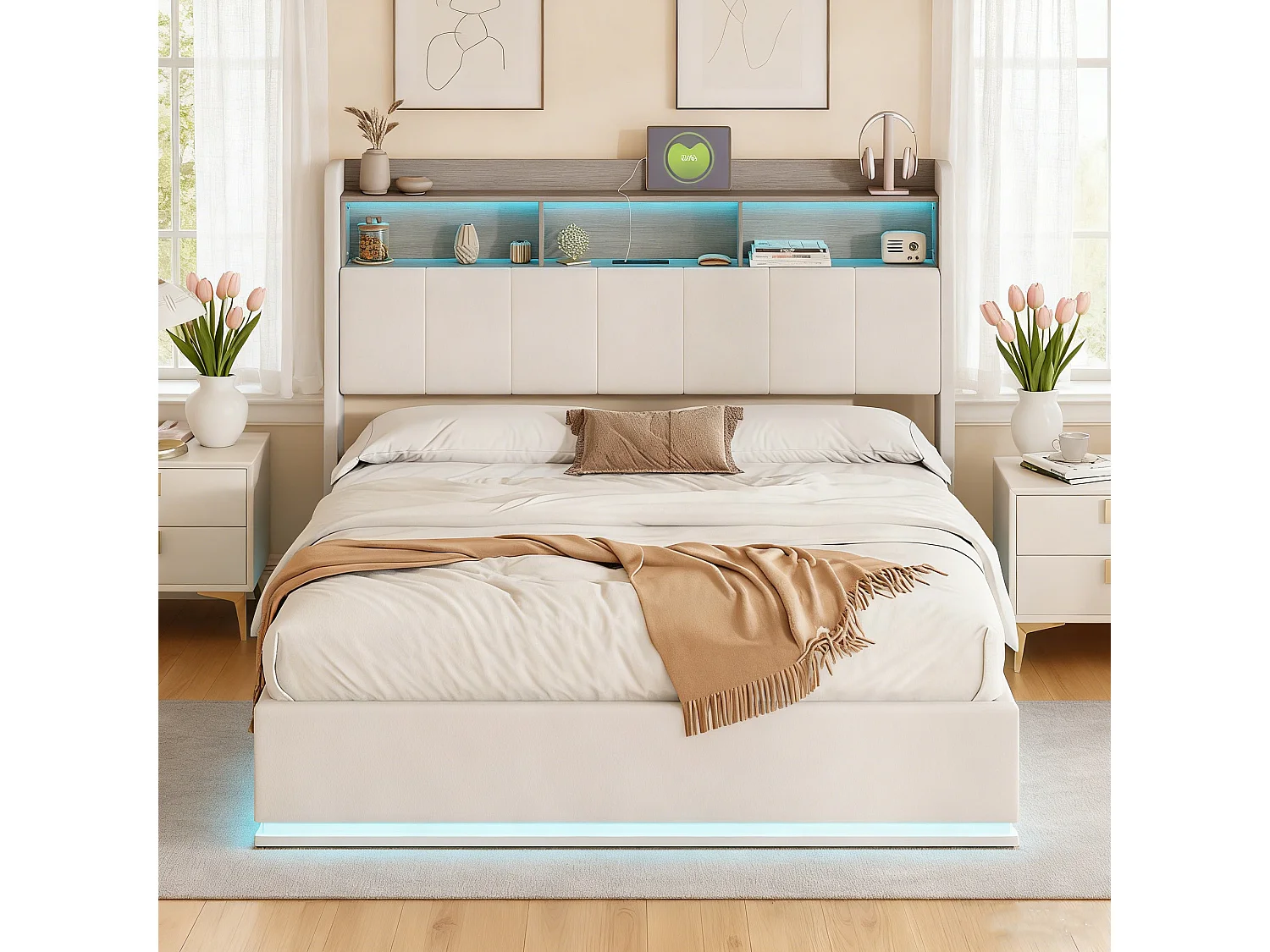 Lit coffre 140 x 190 cm - Lit double adulte avec sommier à lattes, rangements, LED et ports USB/Type-C - tissu velours blanc