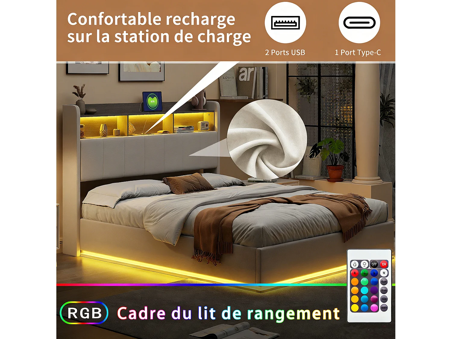 Lit coffre 140 x 190 cm - Lit double adulte avec sommier à lattes, rangements, LED et ports USB/Type-C - tissu velours blanc