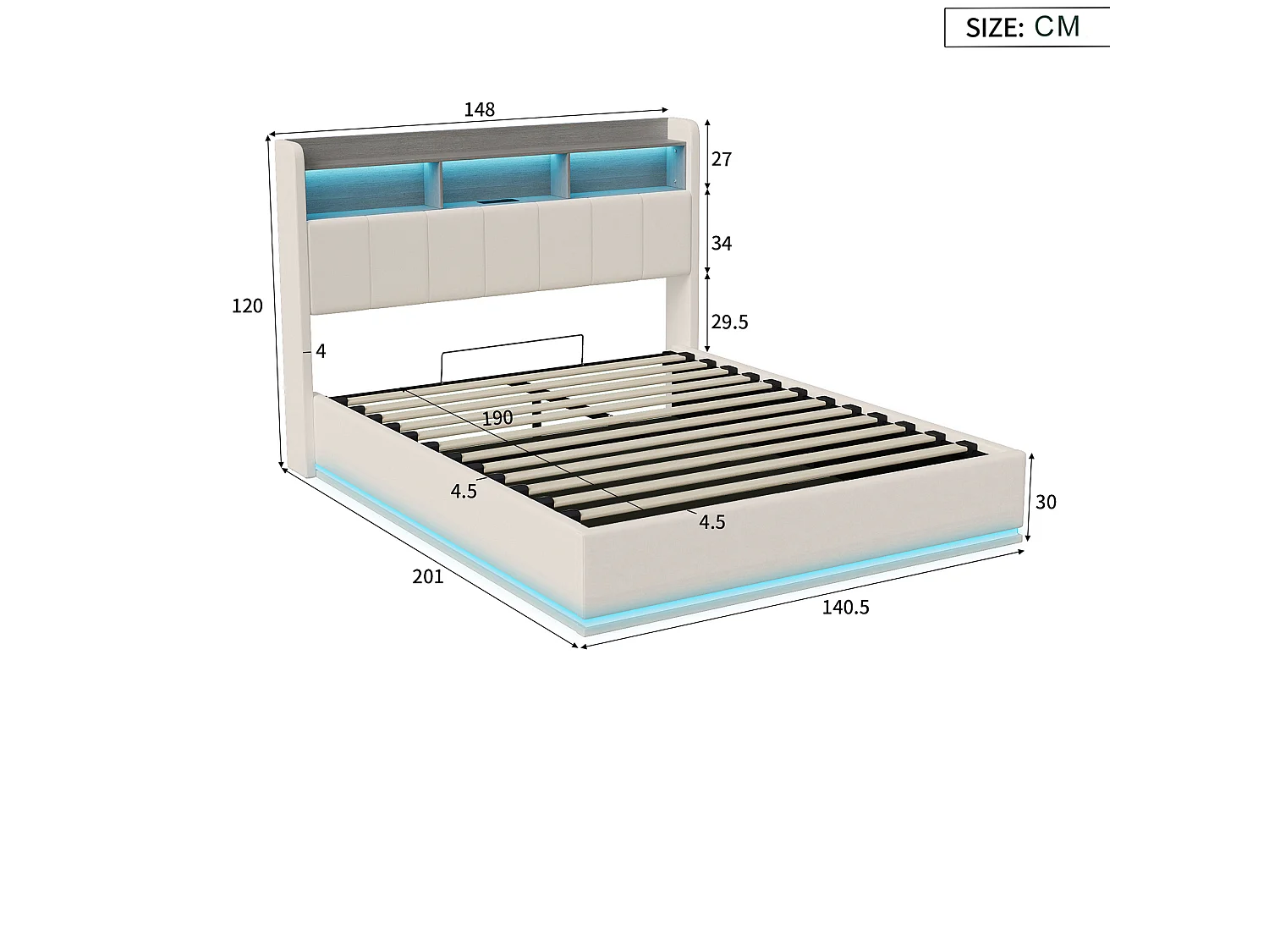 Lit coffre 140 x 190 cm - Lit double adulte avec sommier à lattes, rangements, LED et ports USB/Type-C - tissu velours blanc