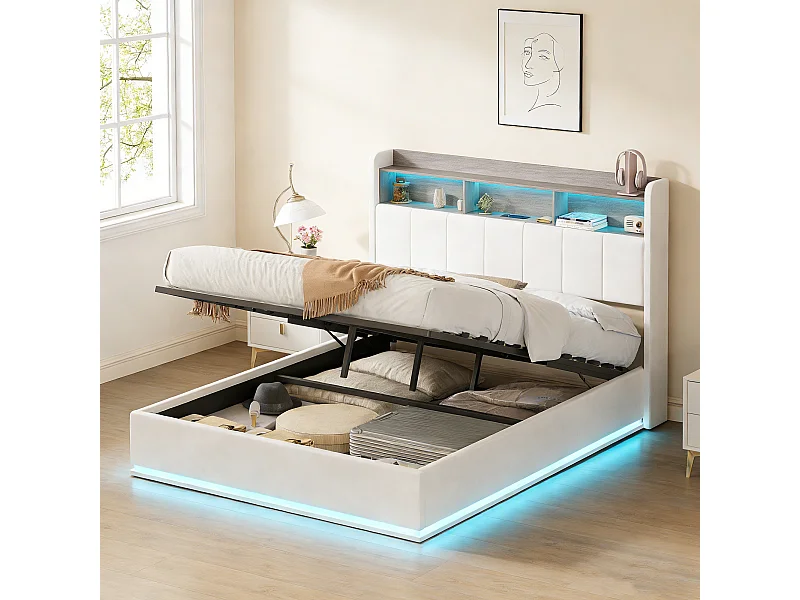 Lit coffre 140x190 cm avec sommier à lattes - Lit adulte 140x190 tissu velours - led - USB et type-c - lit double 140x190 cm rangements - Blanc