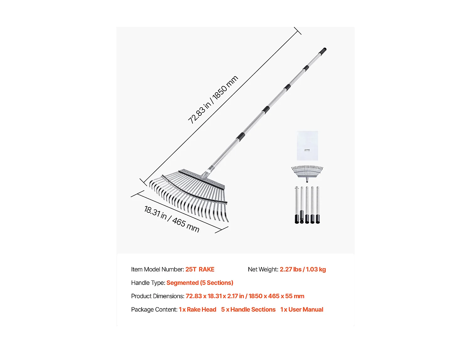 Bladhark SucceBuy, 25 Metalen Tanden, Tuinhark, met Breed Kopstuk 46,5 cm, Lange Verstelbare Steel 92,5-185 cm, Robuust en Veilig, Buis RVS