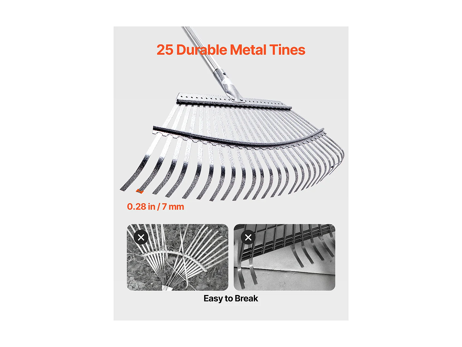 Bladhark SucceBuy, 25 Metalen Tanden, Tuinhark, met Breed Kopstuk 46,5 cm, Lange Verstelbare Steel 92,5-185 cm, Robuust en Veilig, Buis RVS