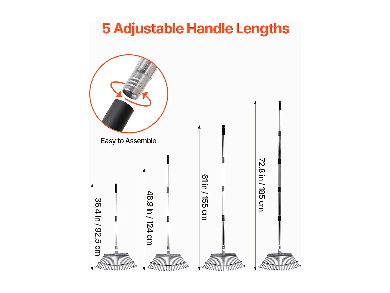 Bladhark SucceBuy, 25 Metalen Tanden, Tuinhark, met Breed Kopstuk 46,5 cm, Lange Verstelbare Steel 92,5-185 cm, Robuust en Veilig, Buis RVS