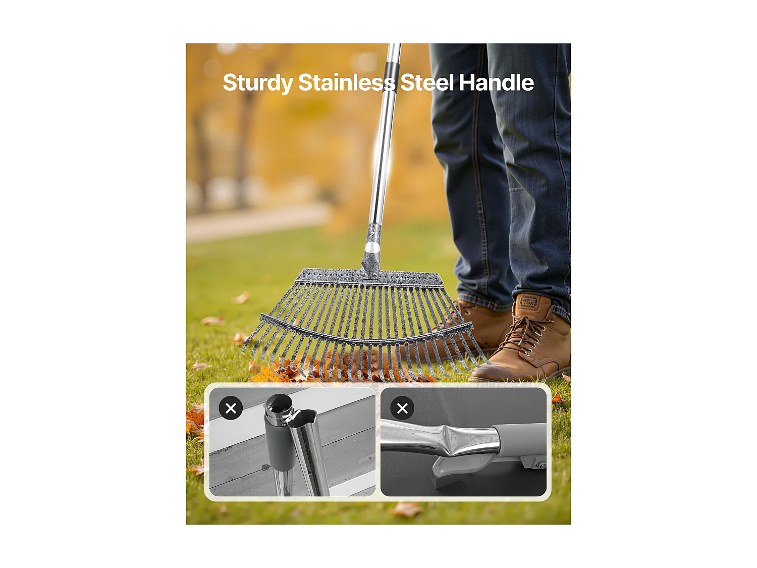 Bladhark SucceBuy, 25 Metalen Tanden, Tuinhark, met Breed Kopstuk 46,5 cm, Lange Verstelbare Steel 92,5-185 cm, Robuust en Veilig, Buis RVS