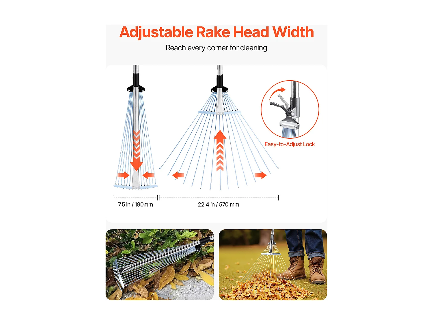 Bladhark SucceBuy, 15 Metalen Tanden, Verstelbare Tuinhark, met Kopstuk 19-57 cm, Lange Steel 81-160 cm, Robuust en Veilig, Buis uit RVS