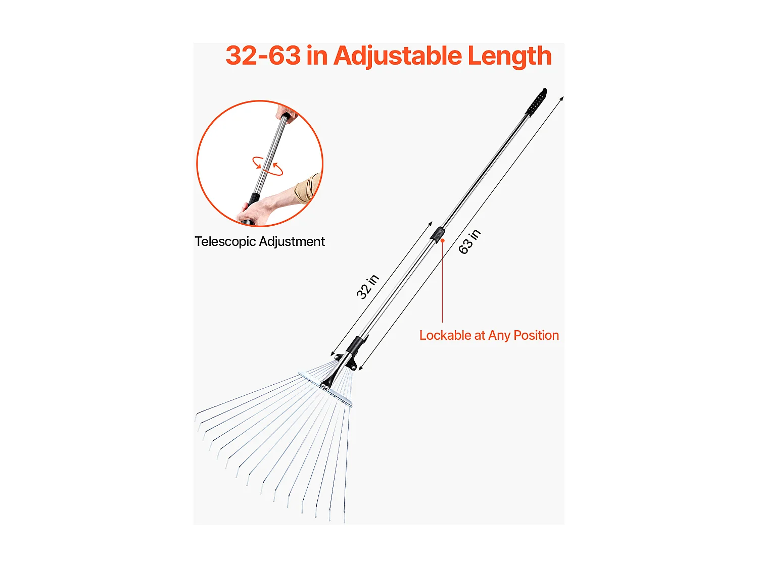 Bladhark SucceBuy, 15 Metalen Tanden, Verstelbare Tuinhark, met Kopstuk 19-57 cm, Lange Steel 81-160 cm, Robuust en Veilig, Buis uit RVS