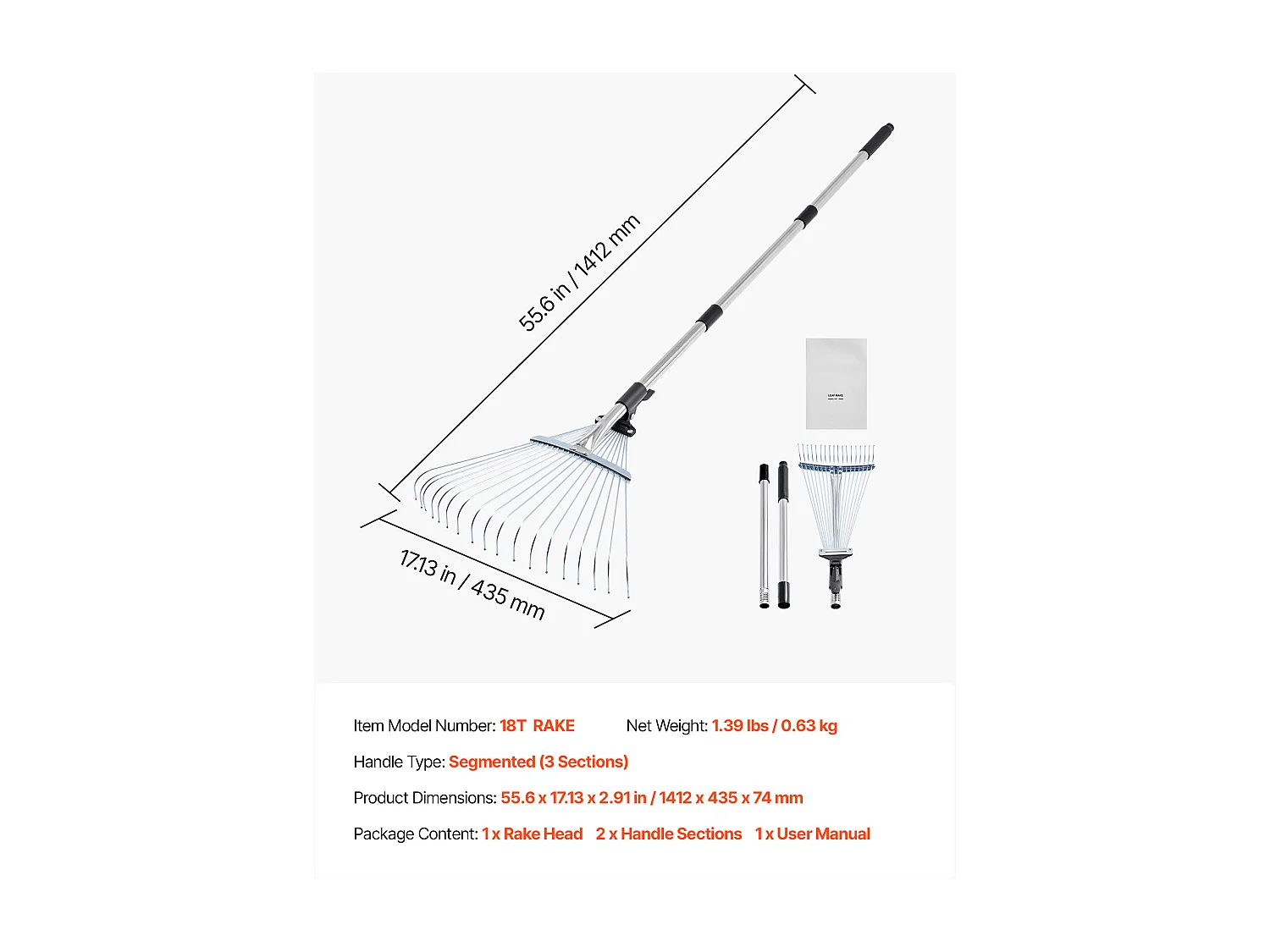 Bladhark SucceBuy, 18 Metalen Tanden, Verstelbare Tuinhark, met Kopstuk 19,5-43,5 cm, Lange Steel 82-141 cm, Robuust en Veilig, Buis uit RVS