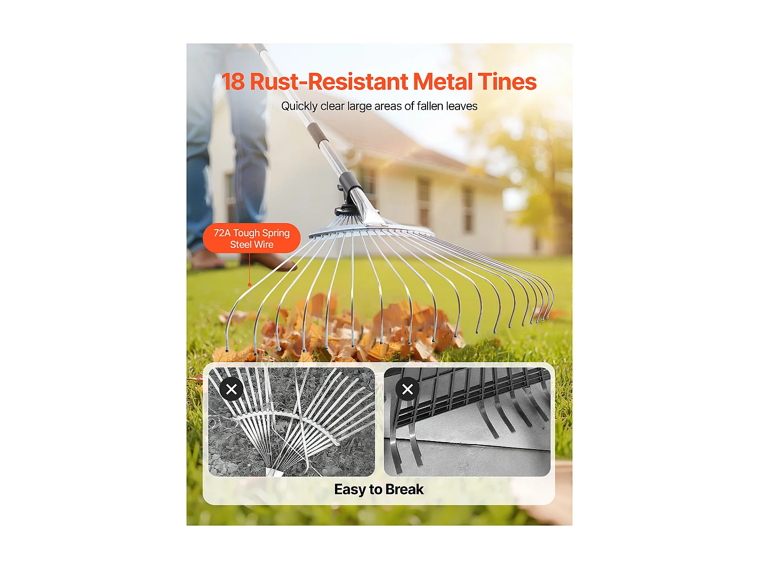 Bladhark SucceBuy, 18 Metalen Tanden, Verstelbare Tuinhark, met Kopstuk 19,5-43,5 cm, Lange Steel 82-141 cm, Robuust en Veilig, Buis uit RVS