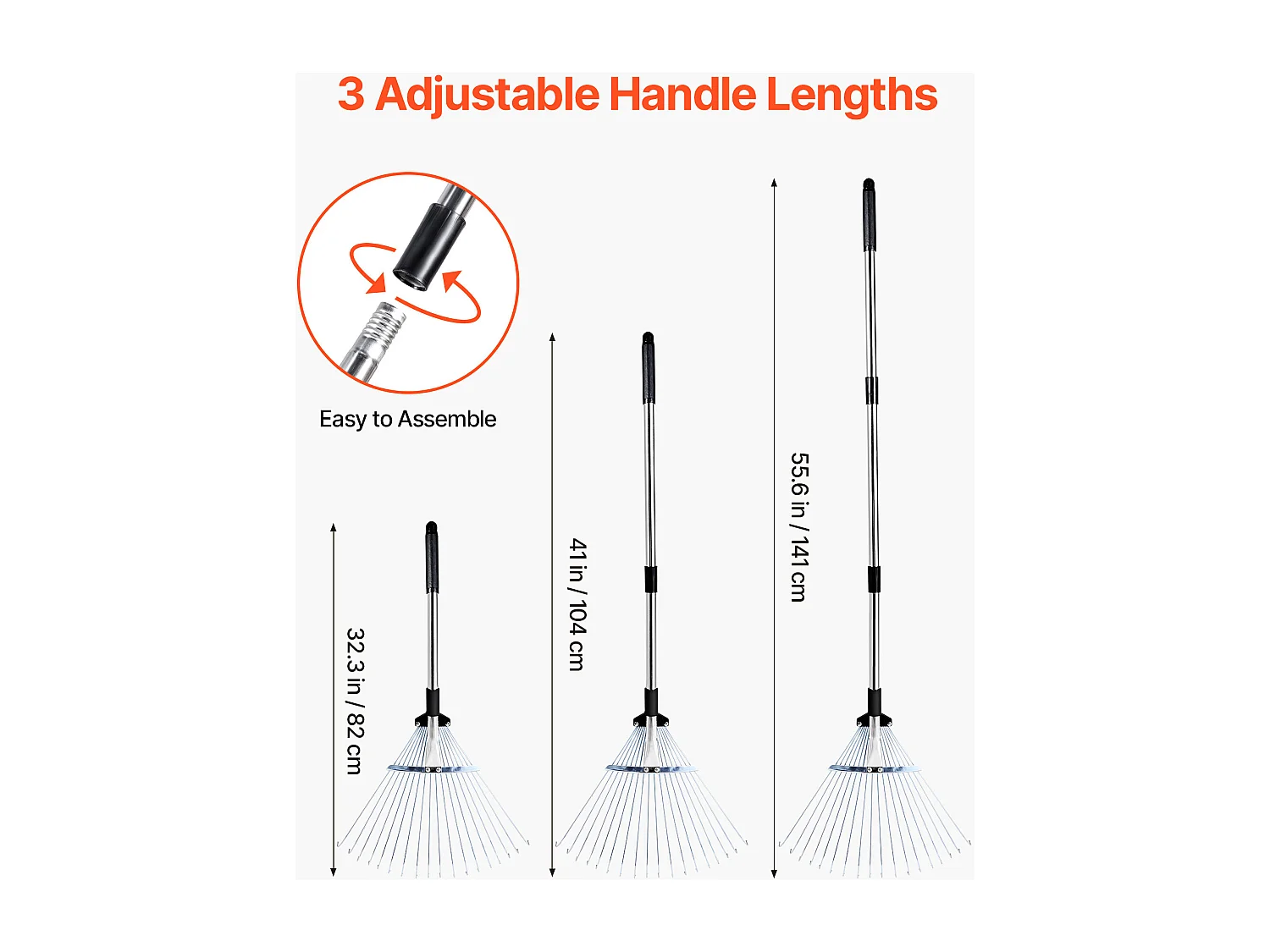 Bladhark SucceBuy, 18 Metalen Tanden, Verstelbare Tuinhark, met Kopstuk 19,5-43,5 cm, Lange Steel 82-141 cm, Robuust en Veilig, Buis uit RVS
