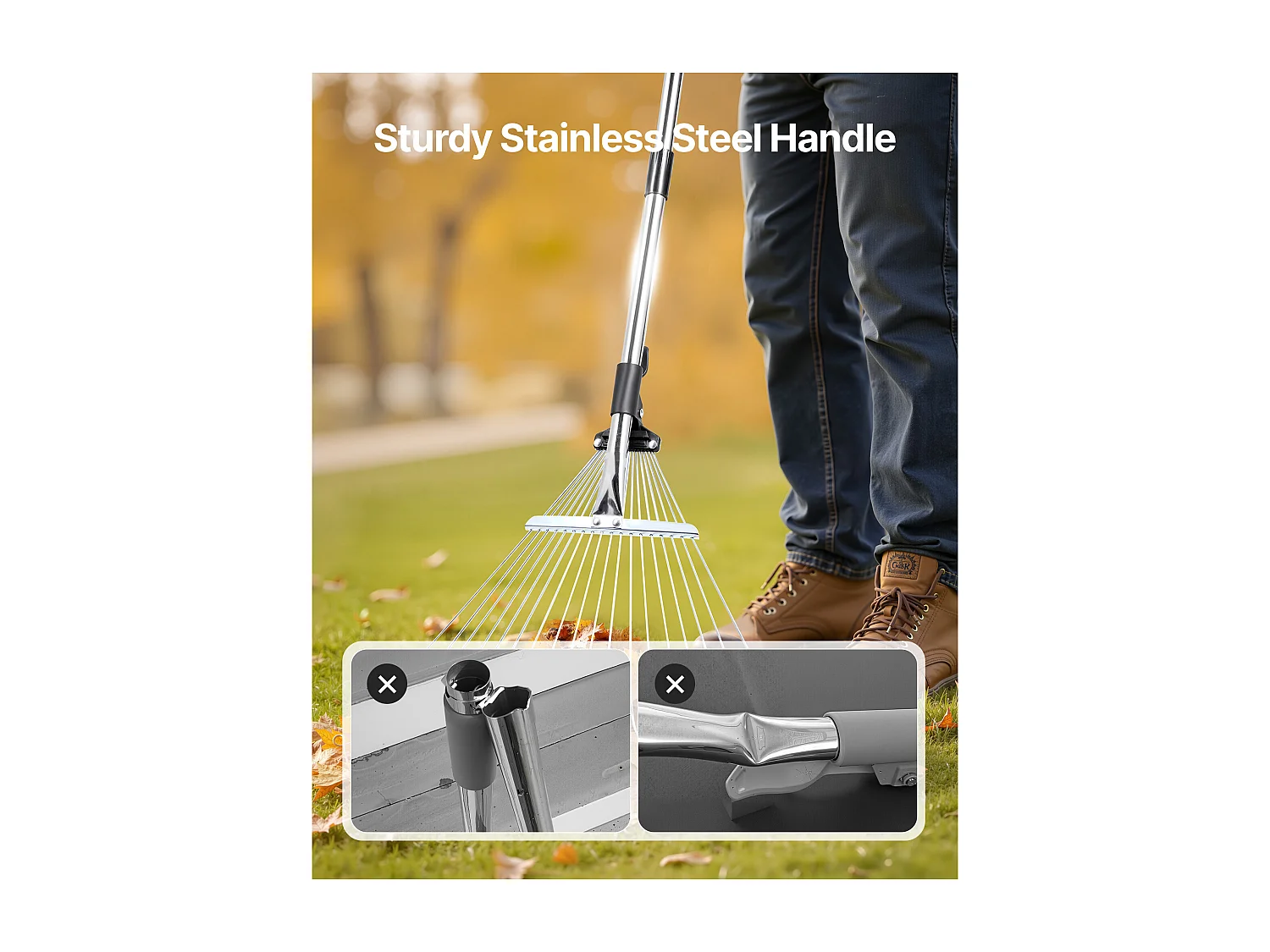 Bladhark SucceBuy, 18 Metalen Tanden, Verstelbare Tuinhark, met Kopstuk 19,5-43,5 cm, Lange Steel 82-141 cm, Robuust en Veilig, Buis uit RVS