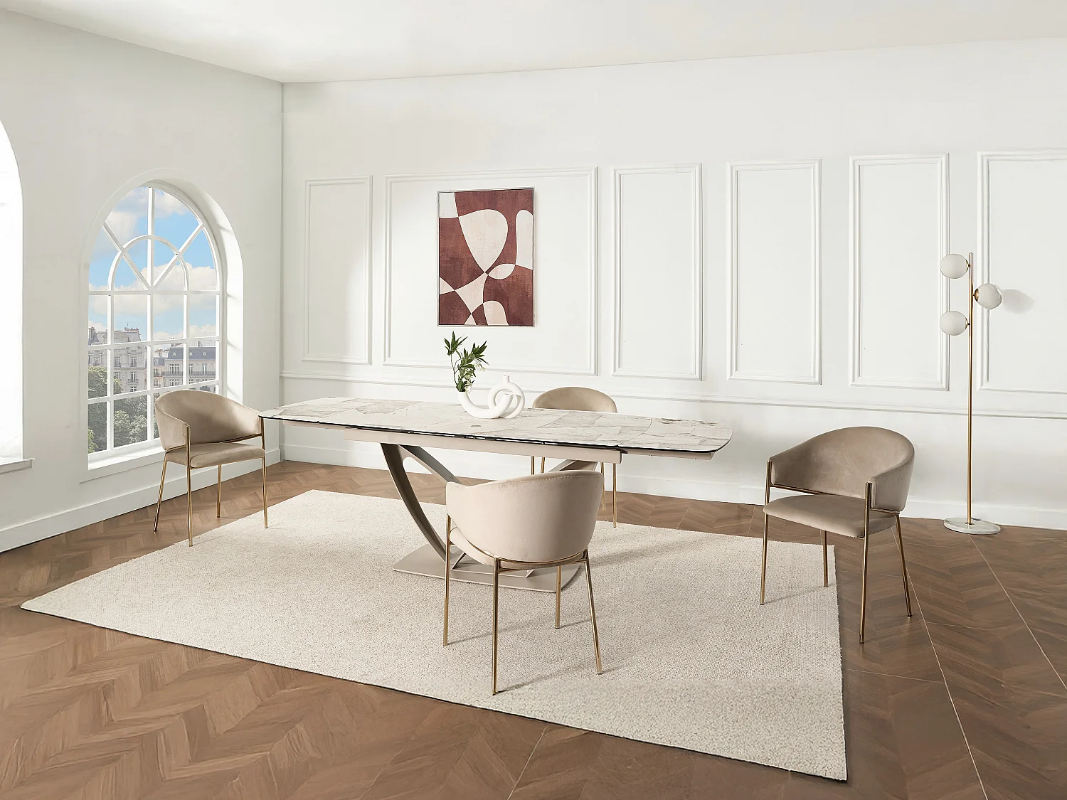 Lot de 6 chaises avec accoudoirs en velours et métal doré - Beige - ORDIDA de Pascal Morabito