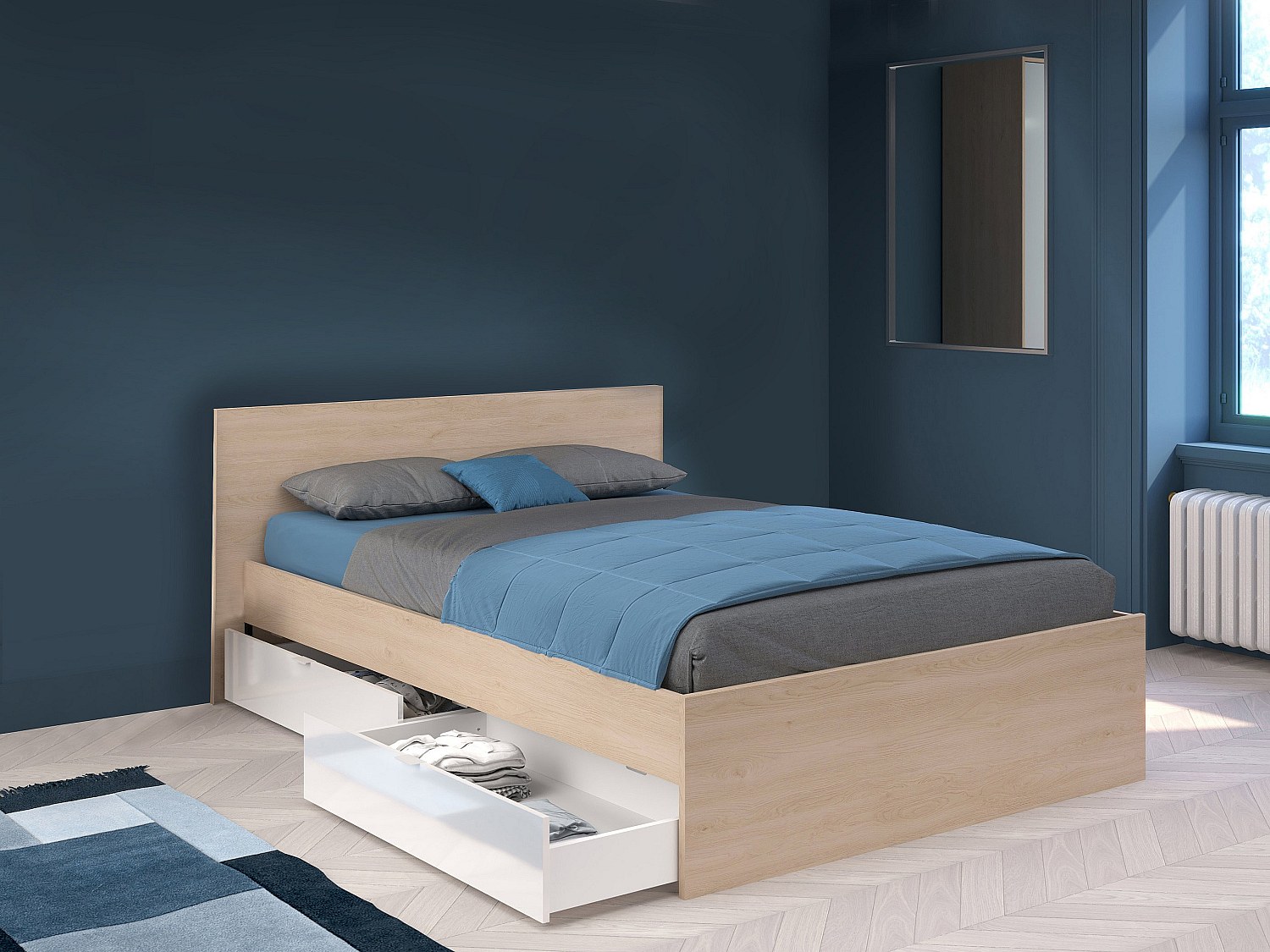 Bett mit 4 Schubladen + Lattenrost - 140 x 190 cm - Holzfarben & glänzend W günstig online kaufen