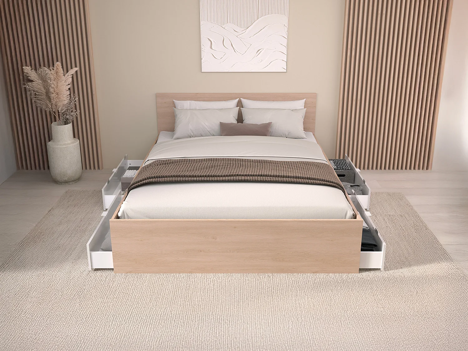 Letto con 4 cassetti 140 x 190 cm Bianco lucido e naturale + Rete - VELONA