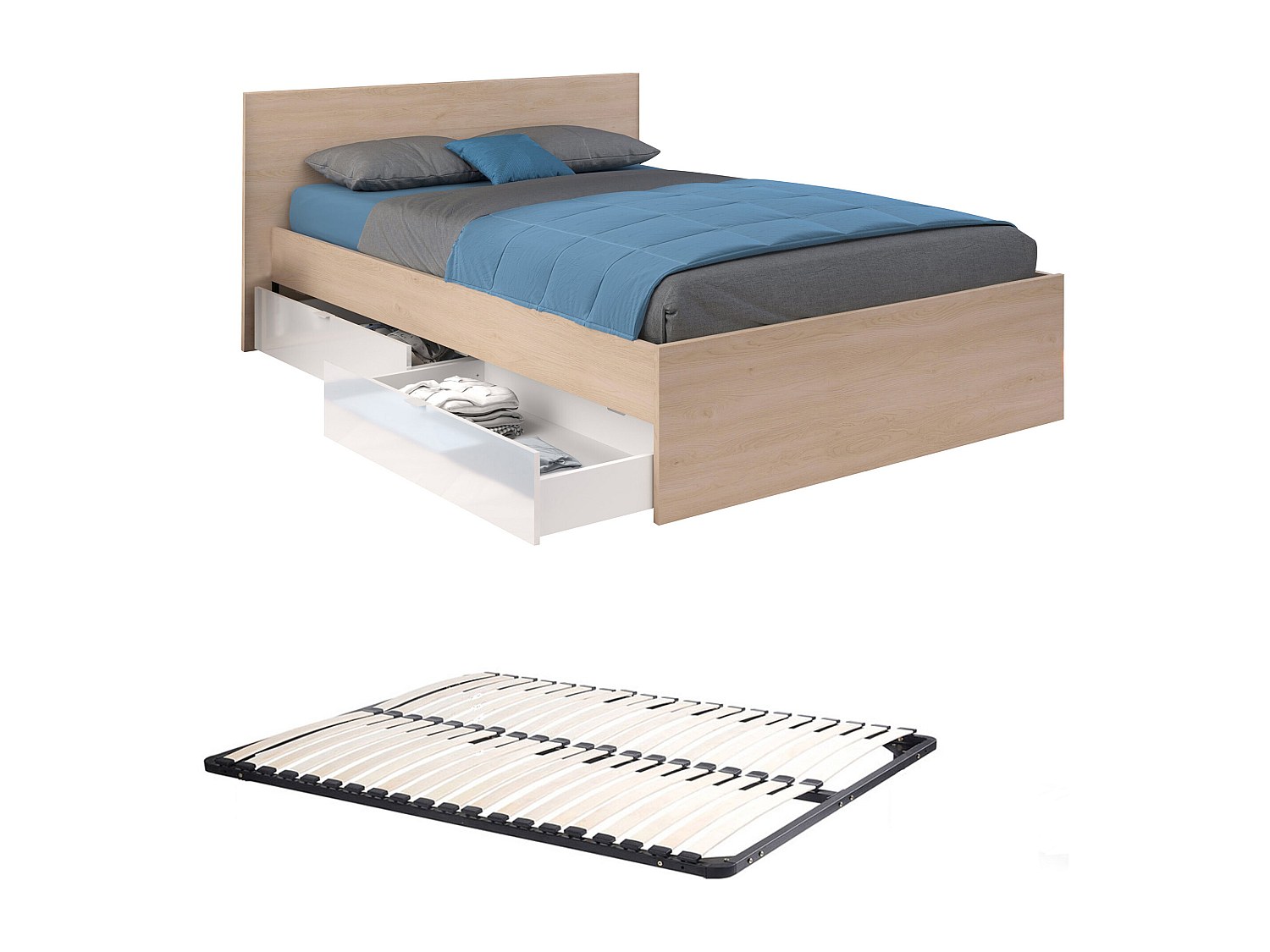 Bett mit 4 Schubladen + Lattenrost - 160 x 200 cm - Holzfarben & glänzend W günstig online kaufen