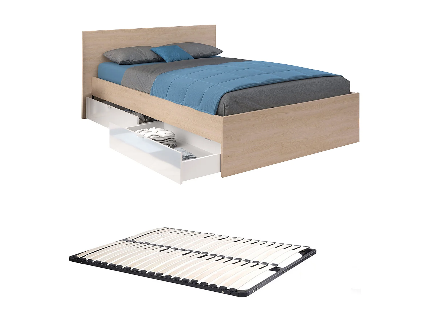 Lit avec 4 tiroirs 160 x 200 cm - Coloris : Blanc brillant et naturel + Sommier - VELONA