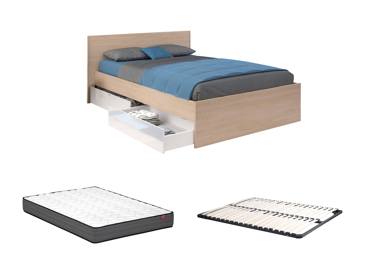 Bett mit 4 Schubladen + Lattenrost + Matratze - 140 x 190 cm - Holzfarben & günstig online kaufen