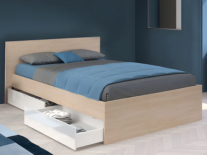 Lit avec 4 tiroirs 160 x 200 cm - Coloris : Blanc brillant et naturel + Sommier + Matelas - VELONA