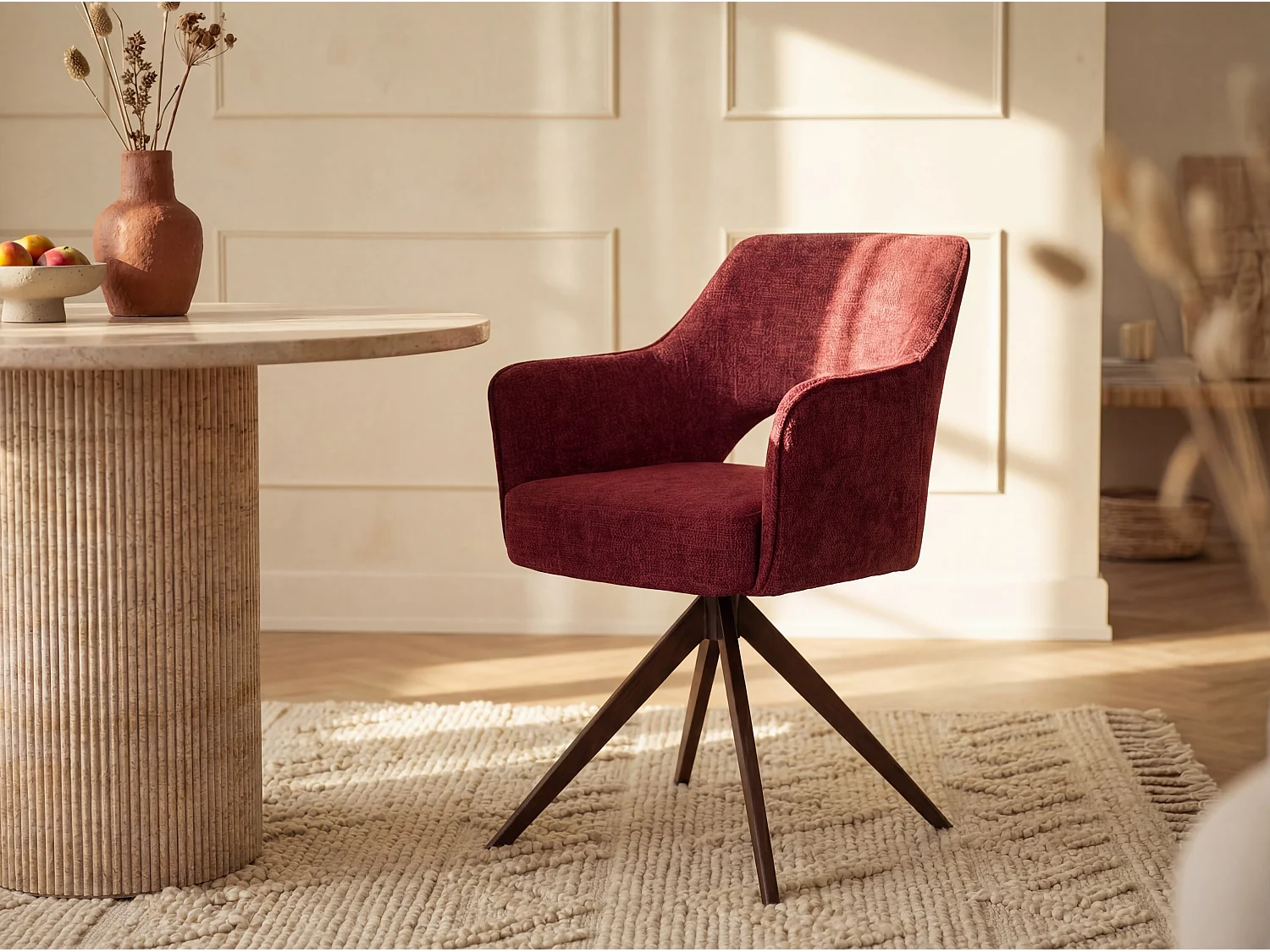 Set van 2 draaistoelen met armleuningen in structuurstof en zwart metaal - Bordeaux - KONYA