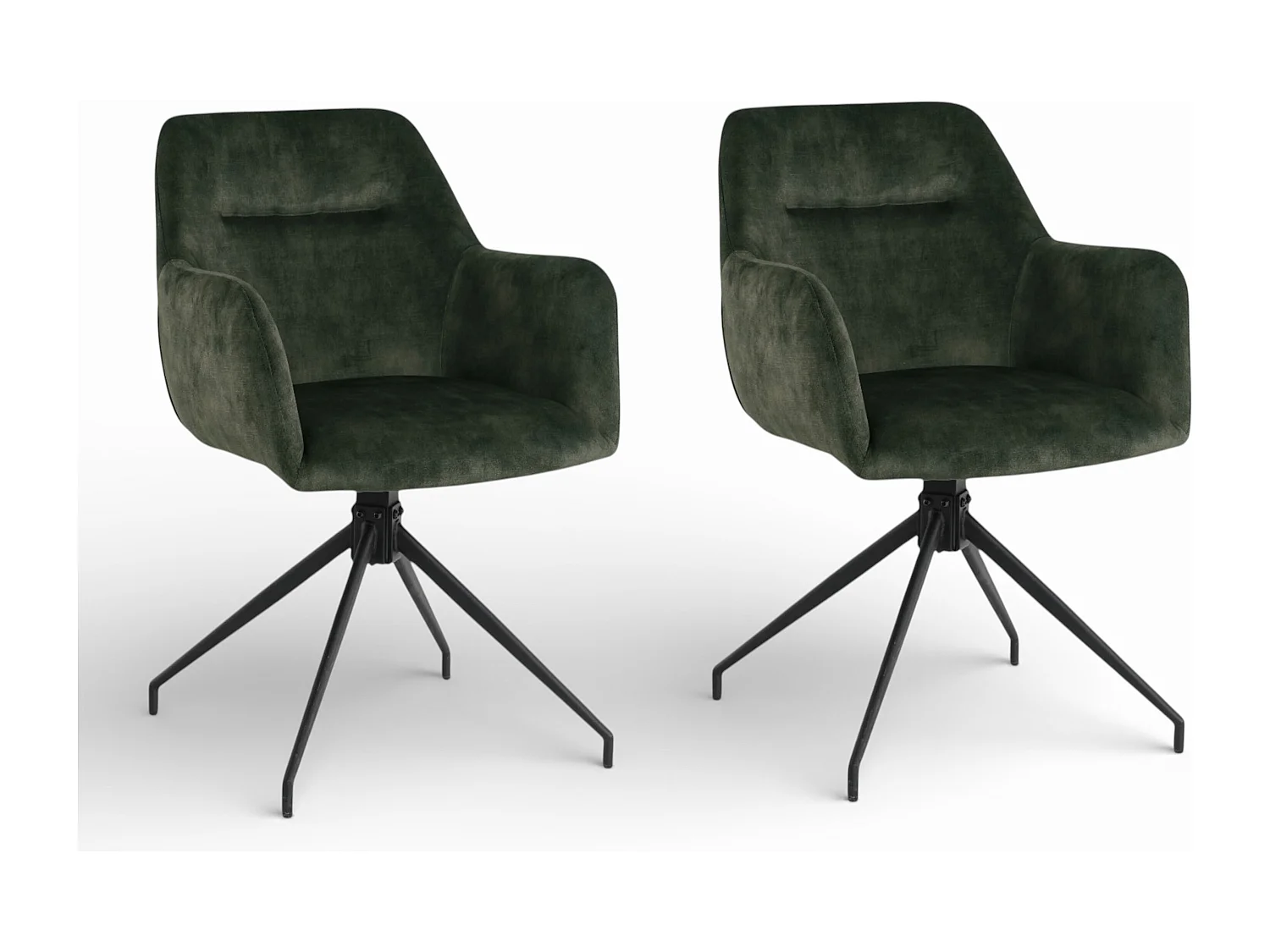 Lot de 2 chaises fauteuils de table MORINI pivotants avec accoudoirs en velours vert pour salle à manger, pieds en métal noir