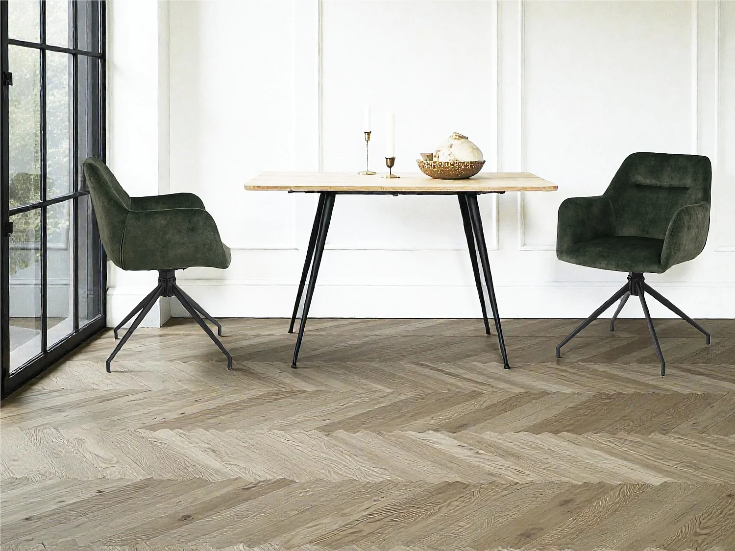 Lot de 2 chaises fauteuils de table MORINI pivotants avec accoudoirs en velours vert pour salle à manger, pieds en métal noir