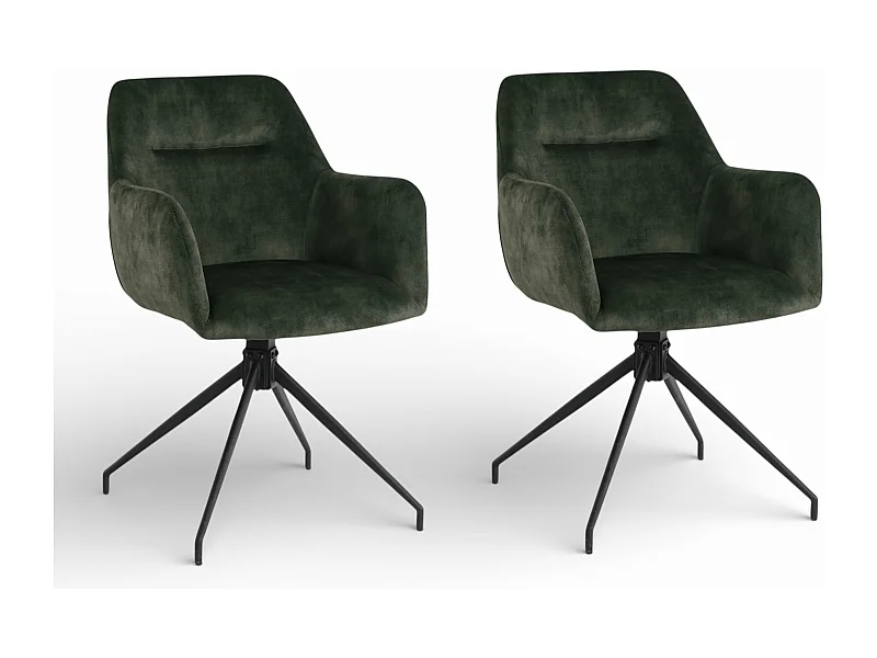Lot de 2 chaises fauteuils de table MORINI pivotants avec accoudoirs en velours vert pour salle à manger, pieds en métal noir