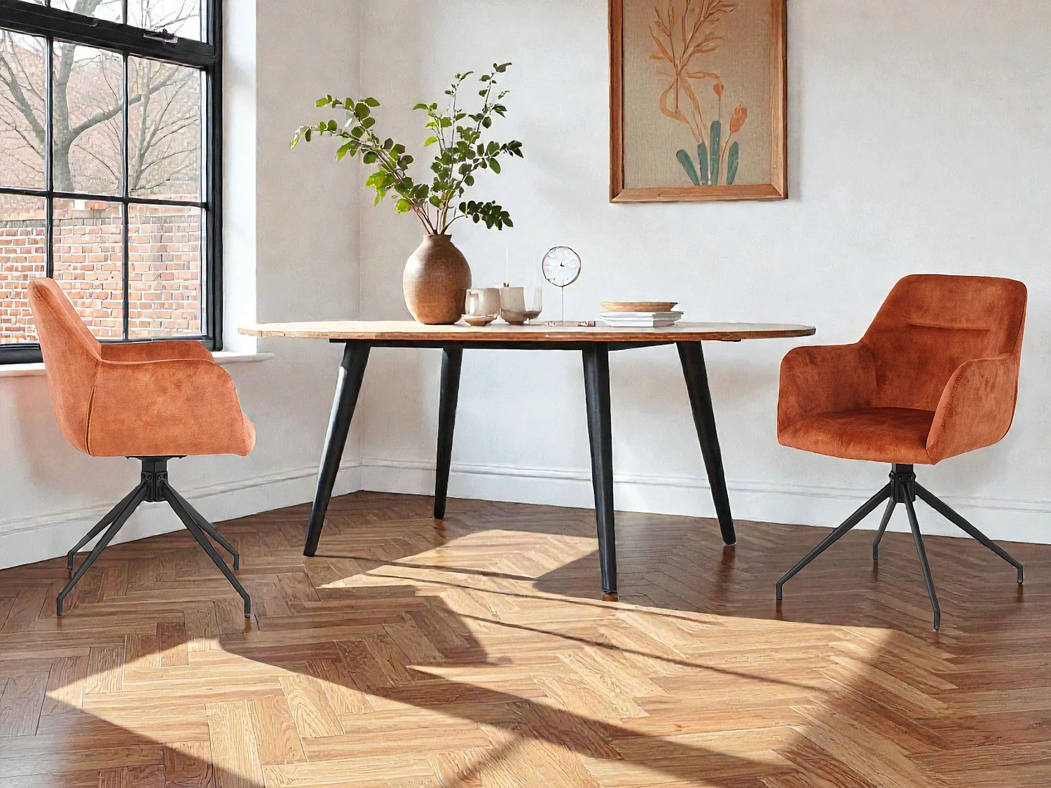 Lot de 2 chaises fauteuils de table MORINI pivotants avec accoudoirs en velours orange pour salle à manger, pieds en métal noir