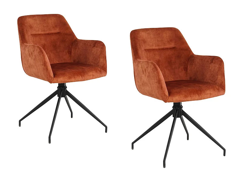 Lot de 2 chaises fauteuils de table MORINI pivotants avec accoudoirs en velours orange pour salle à manger, pieds en métal noir
