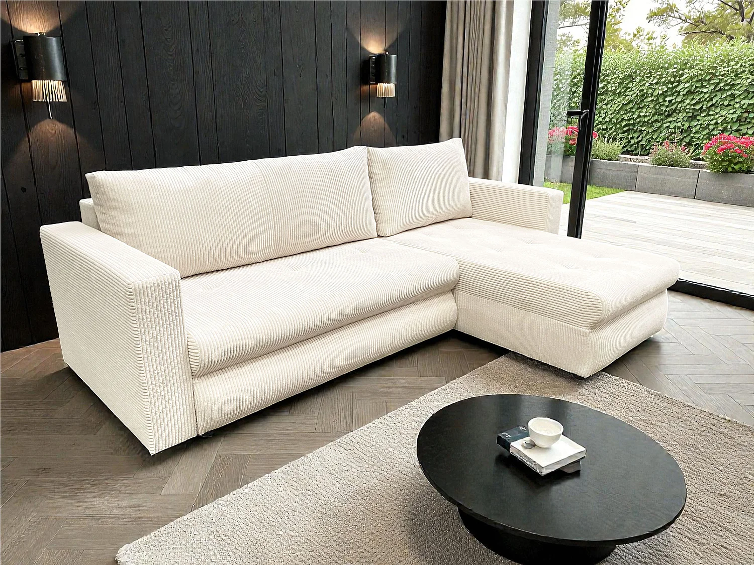 Canapé d'angle réversible 3 places FARAH convertible avec coffre tissu côtelé beige