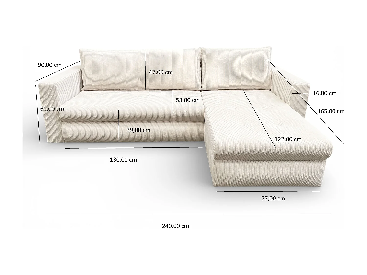 Canapé d'angle réversible 3 places FARAH convertible avec coffre tissu côtelé beige