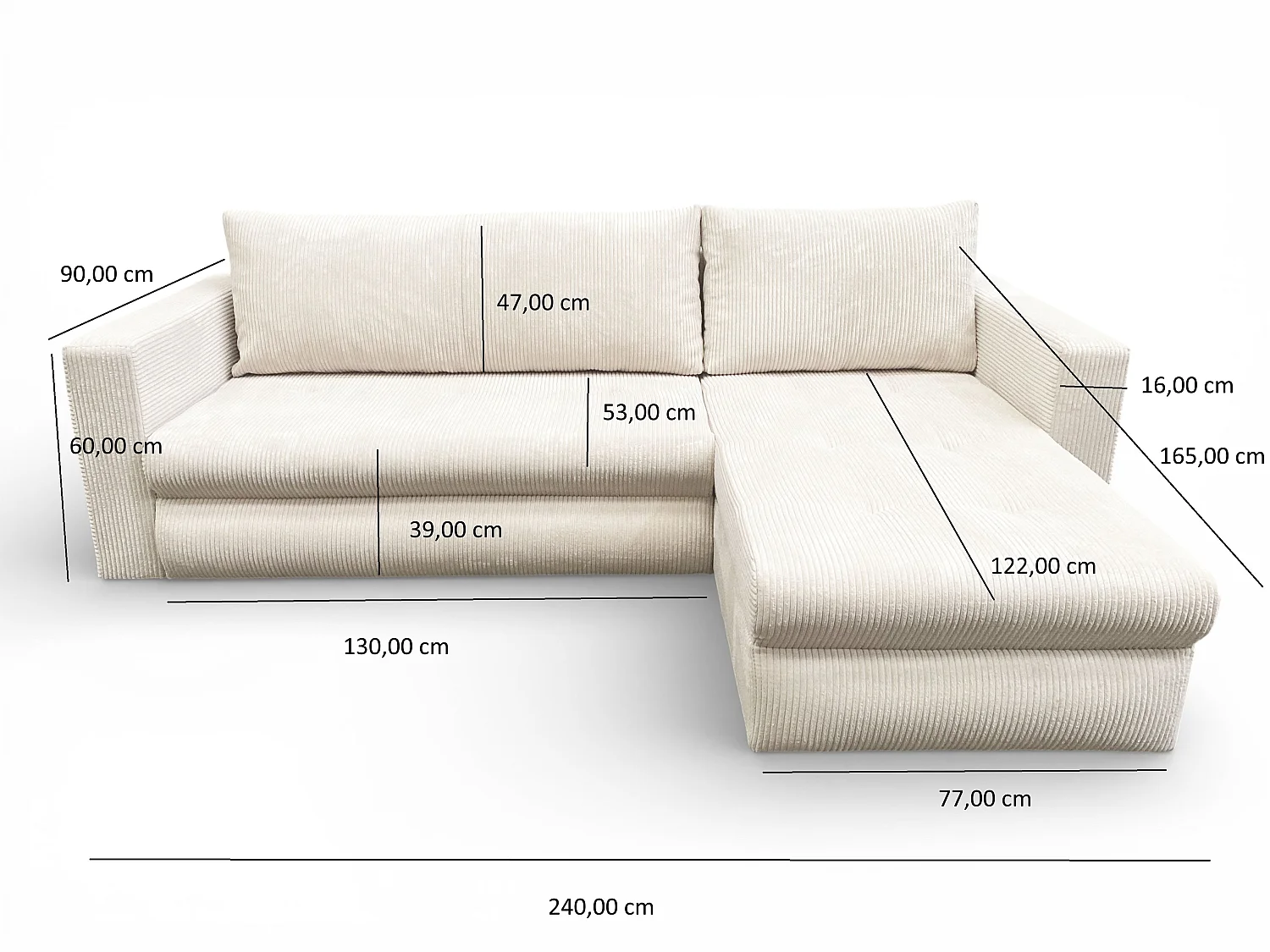 Canapé d'angle convertible 3 places avec coffre en tissu beige