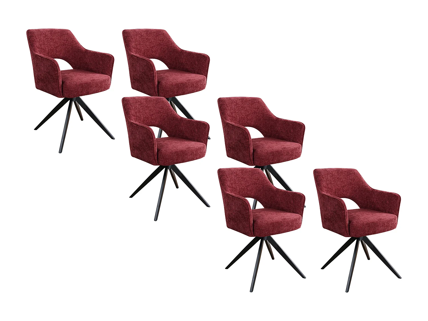 Set van 6 draaistoelen met armleuningen in structuurstof en zwart metaal - Bordeaux - KONYA