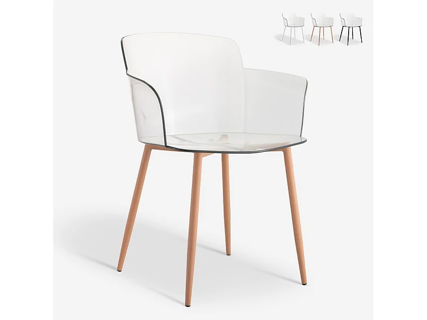 Sedia in policarbonato trasparente con braccioli e gambe legno Suntree - Legno Naturale