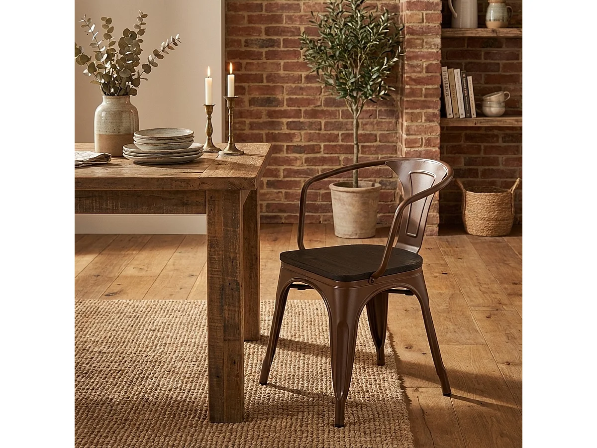 sillas de comedor de metal y madera estilo industrial steel wood arm - Marrón