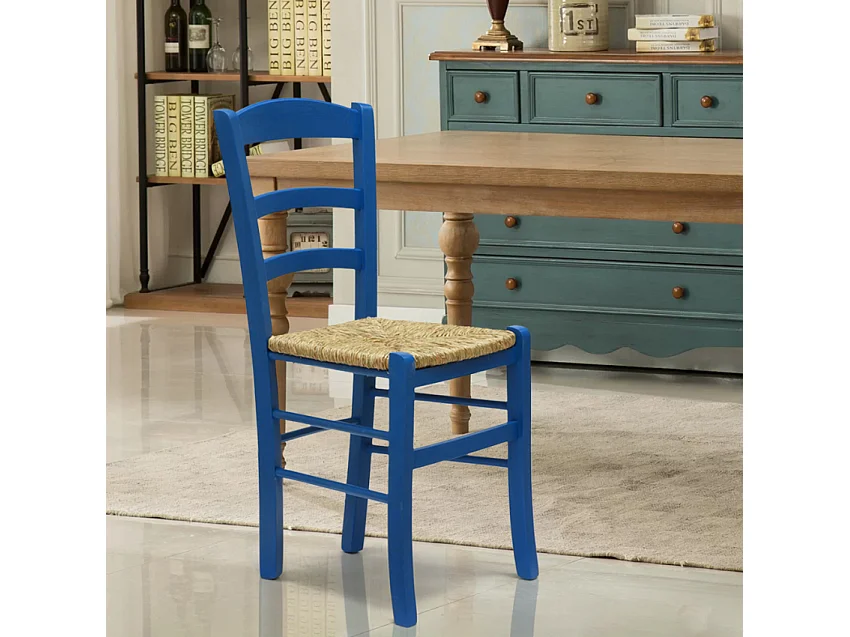 Silla Comedor Rústica Madera Asiento Artesanal Para Cocina Bar y Taberna Paesana - Azul