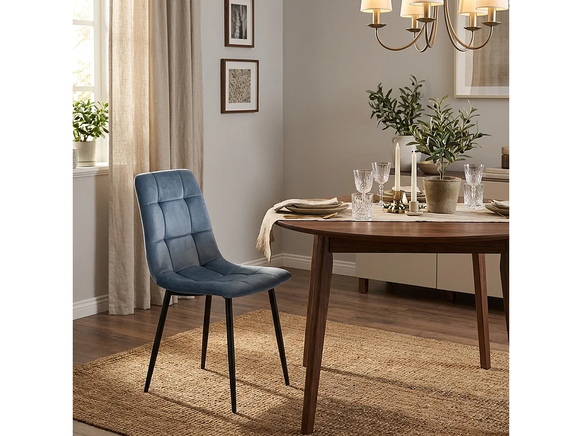 Juego de 4 sillas de comedor y cocina de terciopelo con efecto acolchado Corfù Stock - Azul
