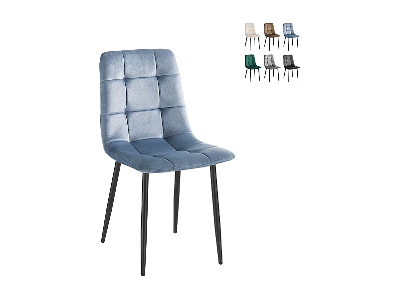 Juego de 4 sillas de comedor y cocina de terciopelo con efecto acolchado Corfù - Azul