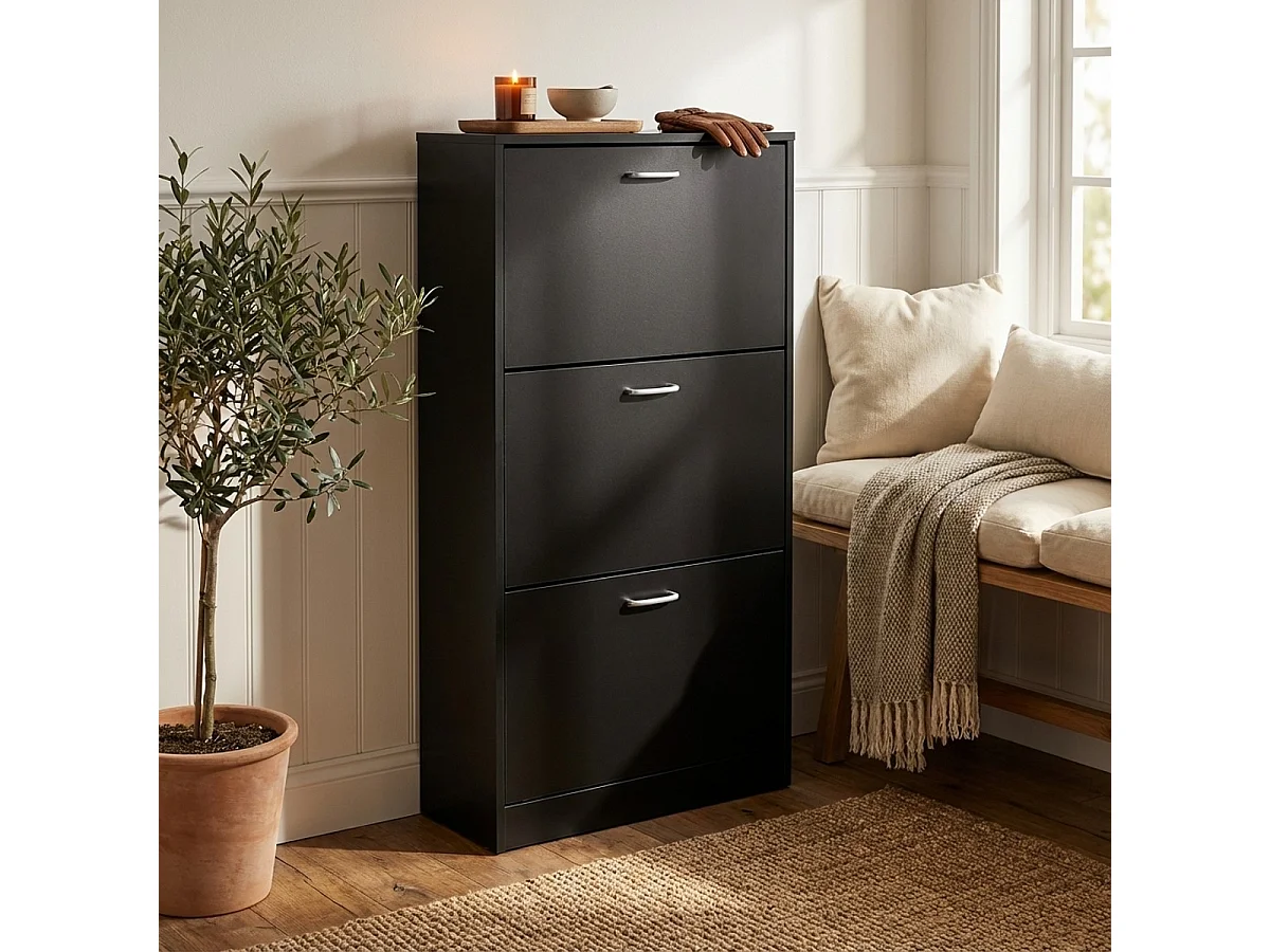 Zapatero vertical ahorra espacio 63 x 24 x 115 cm 3 puertas 18 pares de zapatos Batu - Negro