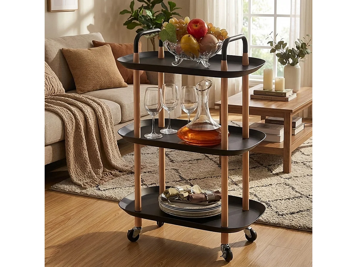 Servierwagen Küche Design mit Rädern 3 Ablagen Wala Plus - Schwarz