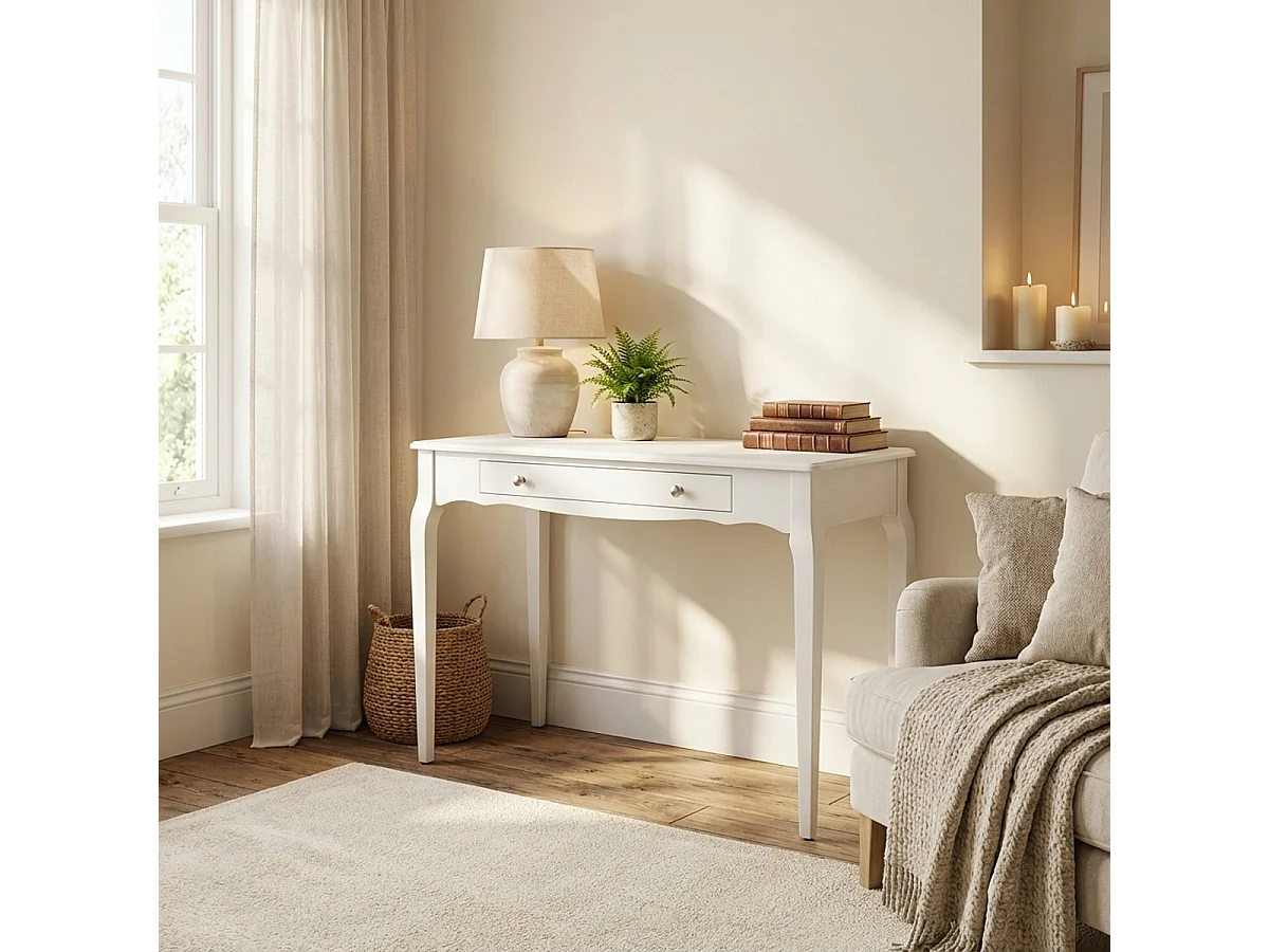 Tavolino consolle scrivania mobile ingresso shabby chic legno 106x47cm Toscano - Bianco