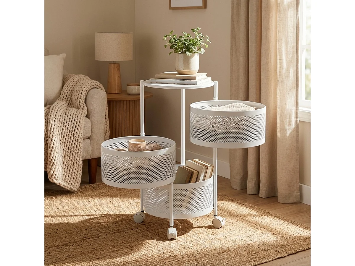 Obstwagen Küche modern mit Rädern und 3 schwenkbaren Körben Rodin M - Weiß