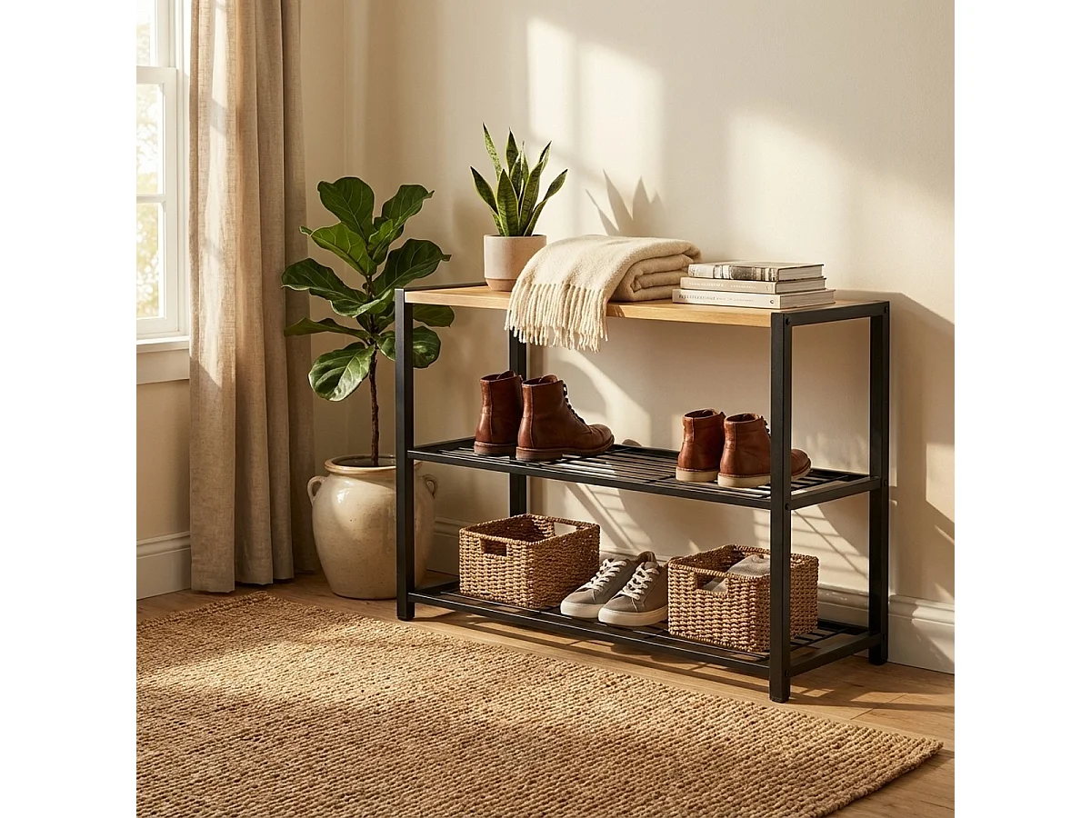 Scarpiera aperta ingresso 2 ripiani 1 mensola 8 paia di scarpe legno metallo Amnes - Nero