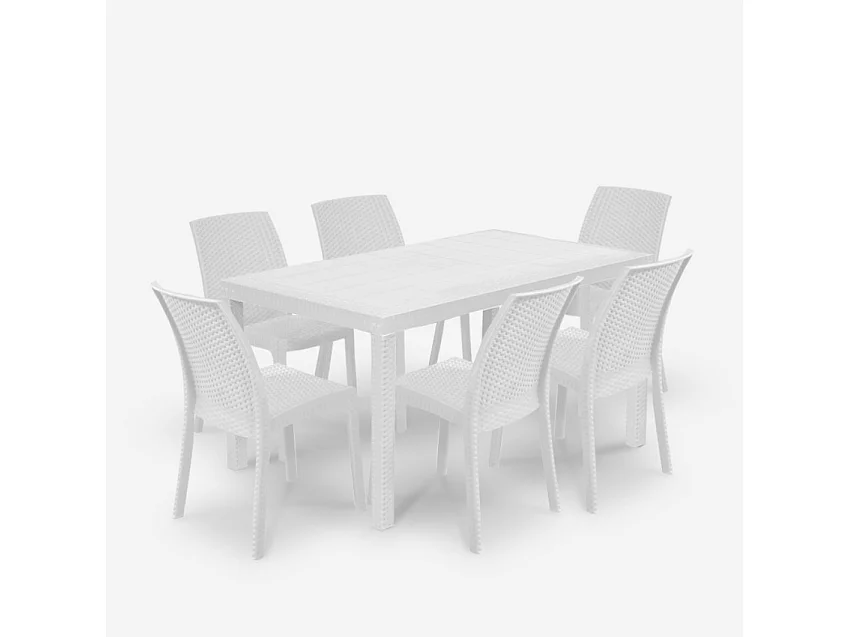 Juego de exterior de jardín compuesto por 1 mesa efecto ratán de 150x90 cm y 6 sillas color blanco Meloria Light