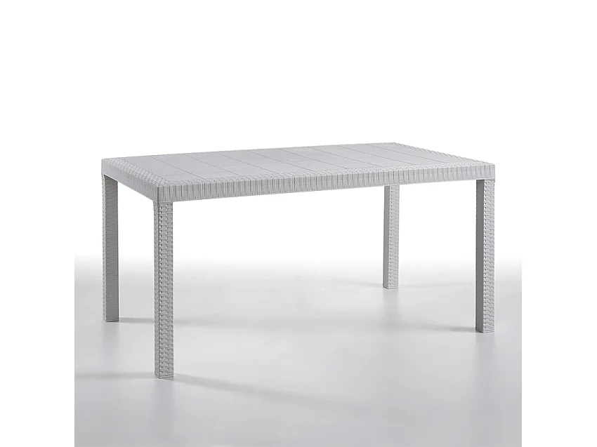 Juego de exterior de jardín compuesto por 1 mesa efecto ratán de 150x90 cm y 6 sillas color blanco Meloria Light