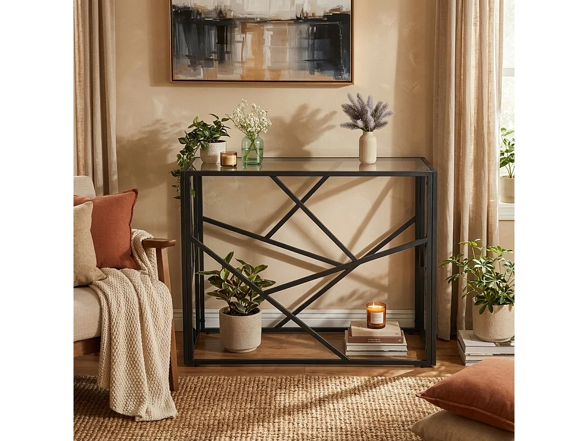 Consola para recibidor de diseño moderno de 100x40x78cm con tablero de cristal Kevin - Negro