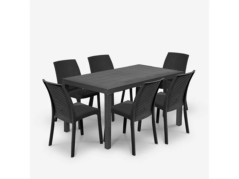 Juego de jardín con 1 mesa efecto ratán de 150x90 cm y 6 sillas de exterior color negro Meloria Dark