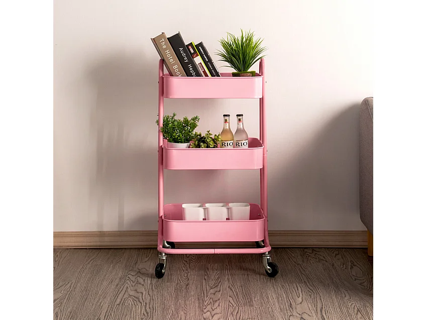 Servierwagen mit 3 Etagen und Rädern aus Metall Sall - Pink