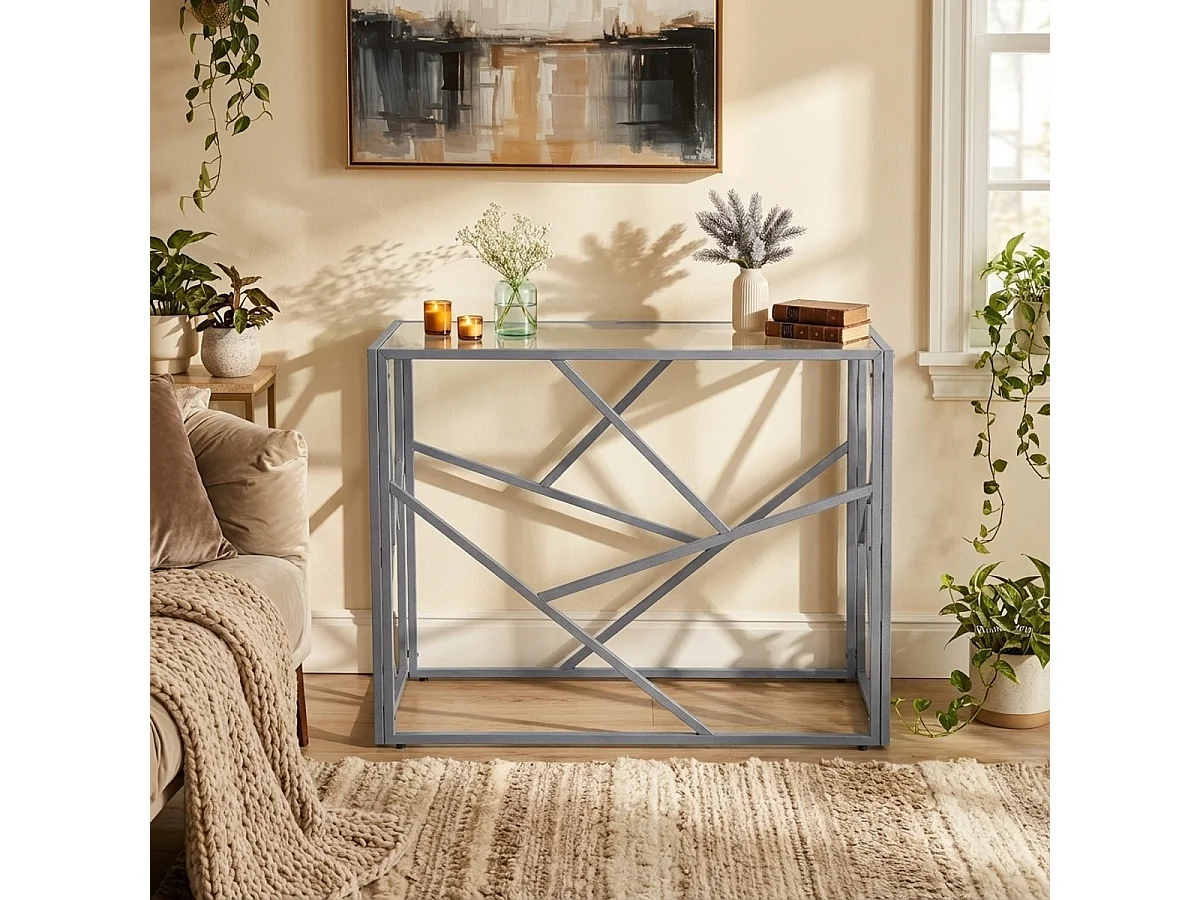 Consola para recibidor de diseño moderno de 100x40x78cm con tablero de cristal Kevin - Gris