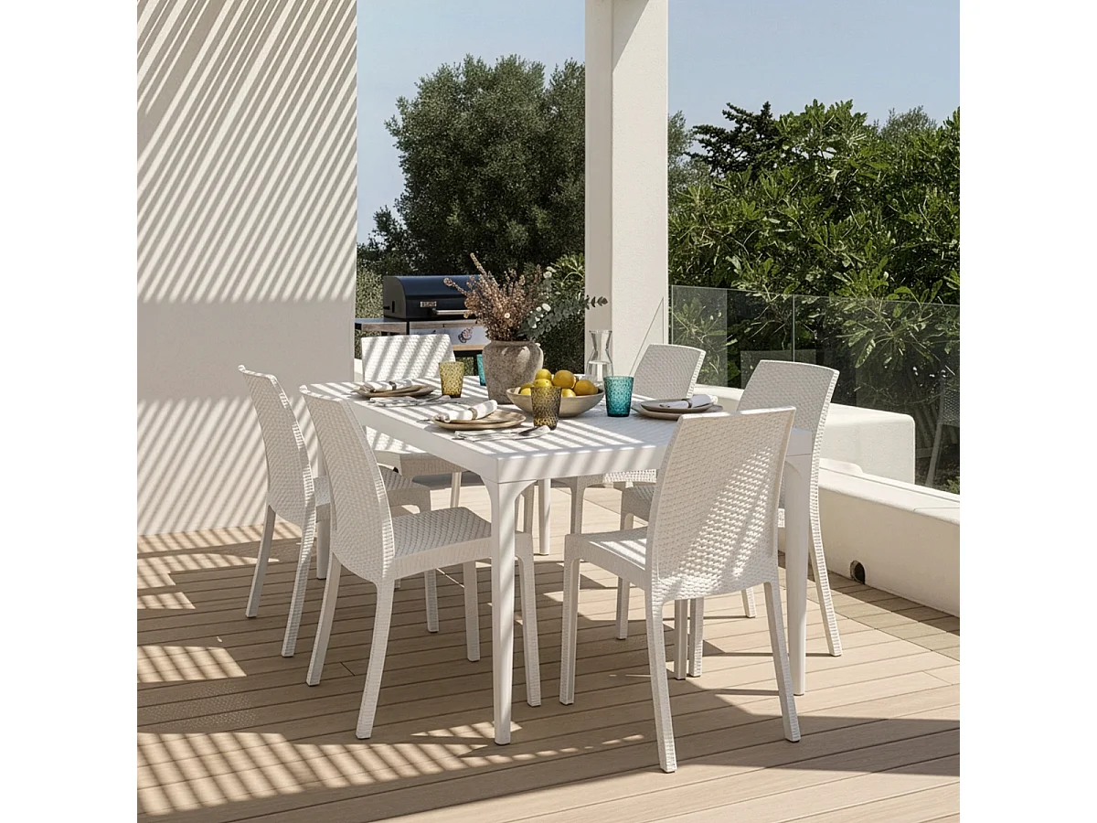 Conjunto de jardín 6 sillas y 1 mesa de exterior de 150x90 cm color blanco Sunrise Light